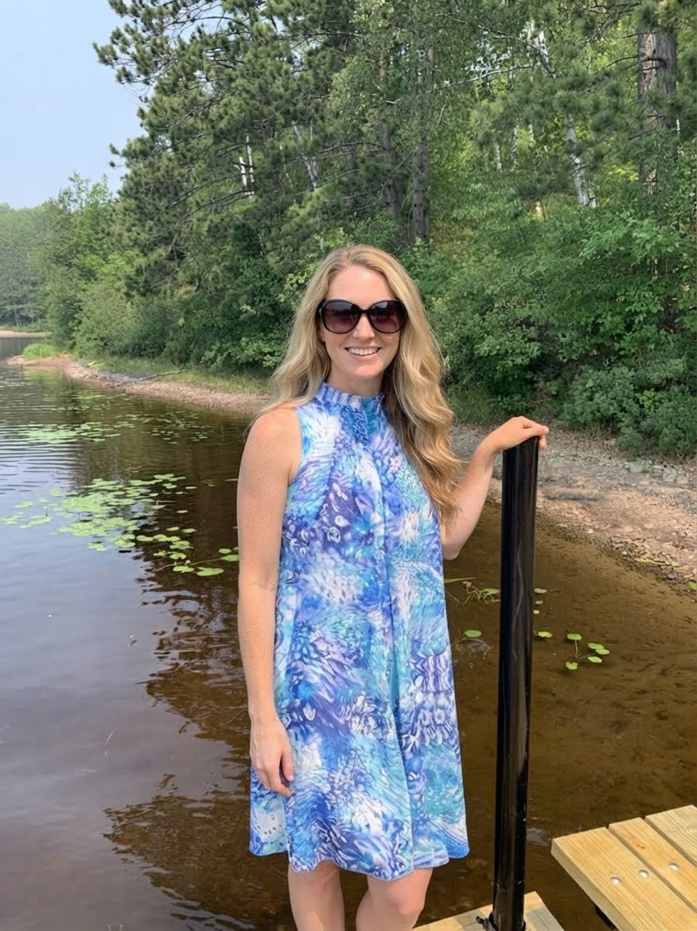 Blue Turquoise Floral Print Sleeveless Swing Dress